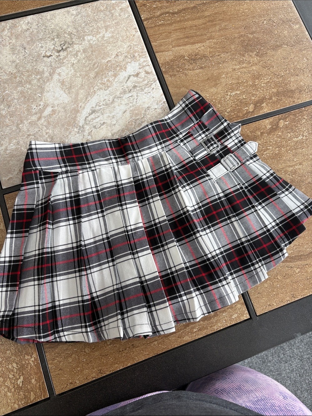 Primark Black White and Red Plaid Pleated Skirt with Buckles